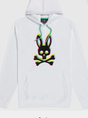 Psycho Bunny White Hoodie with Neon Multicolor Skull